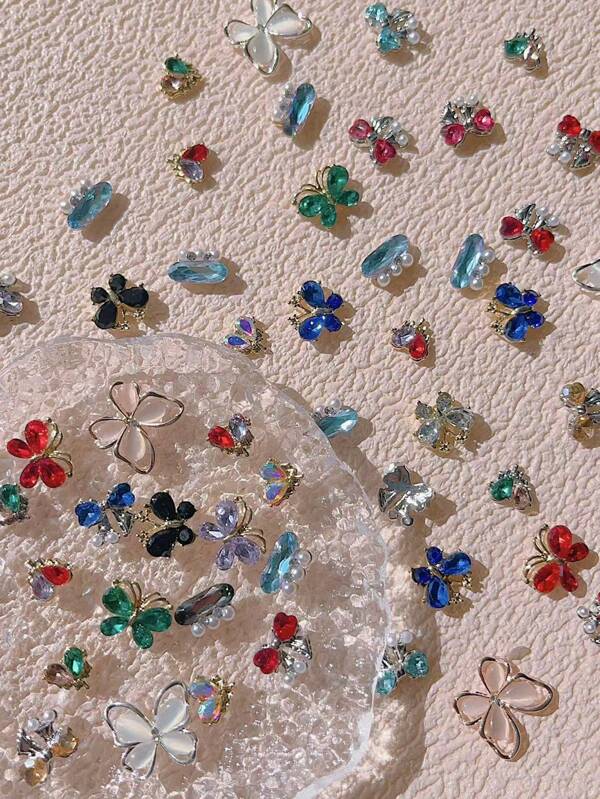 10pcs New Rhinestone Butterfly Nail Art Decorations, Alloy 3D Glitters Colored DIY Nail Jewelry Accessories