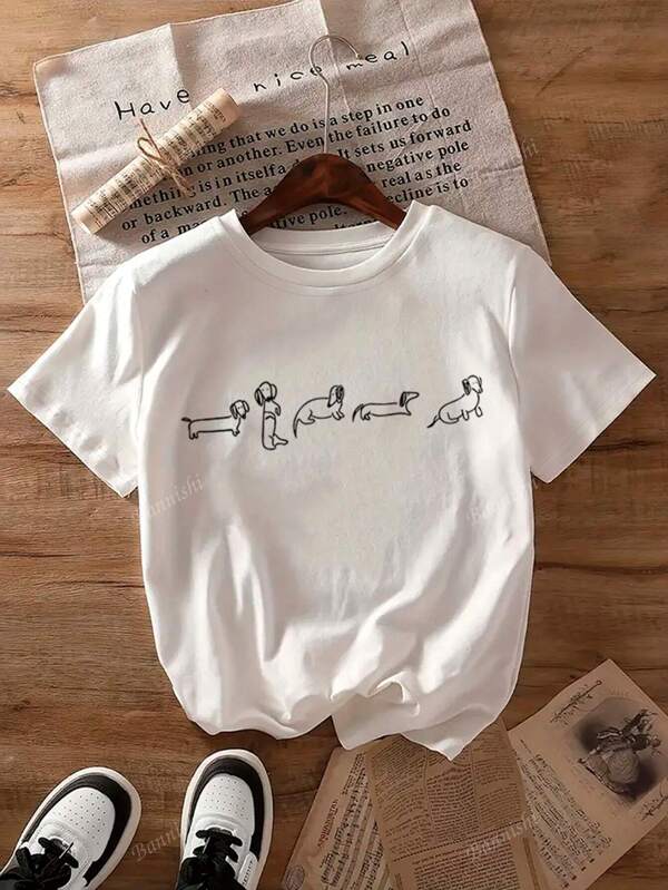 Dames Teckel Grafisch T-shirt - Casual Ronde Hals, Top met Korte Mouwen Voor Lente & Zomer, Ademend Polyestermengsel