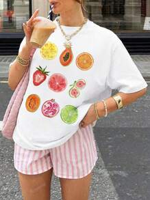 Camiseta con gráfico de frutas para mujer, camiseta de cuello redondo de manga corta, parte superior para primavera/verano, regalo de cumpleaños