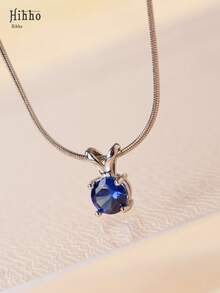 Hihho 1pc Minimalist Navy Blue Single Zirconia Pendant Necklace, Silver-Tone Stainless Steel Snake Chain Women's Clavicle Necklace - Silver - View 3