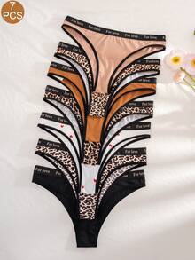 7pcs/Pack Women's Solid Color, Leopard & Heart Print Elastic Waistband Comfy Briefs - Multicolor - View 1