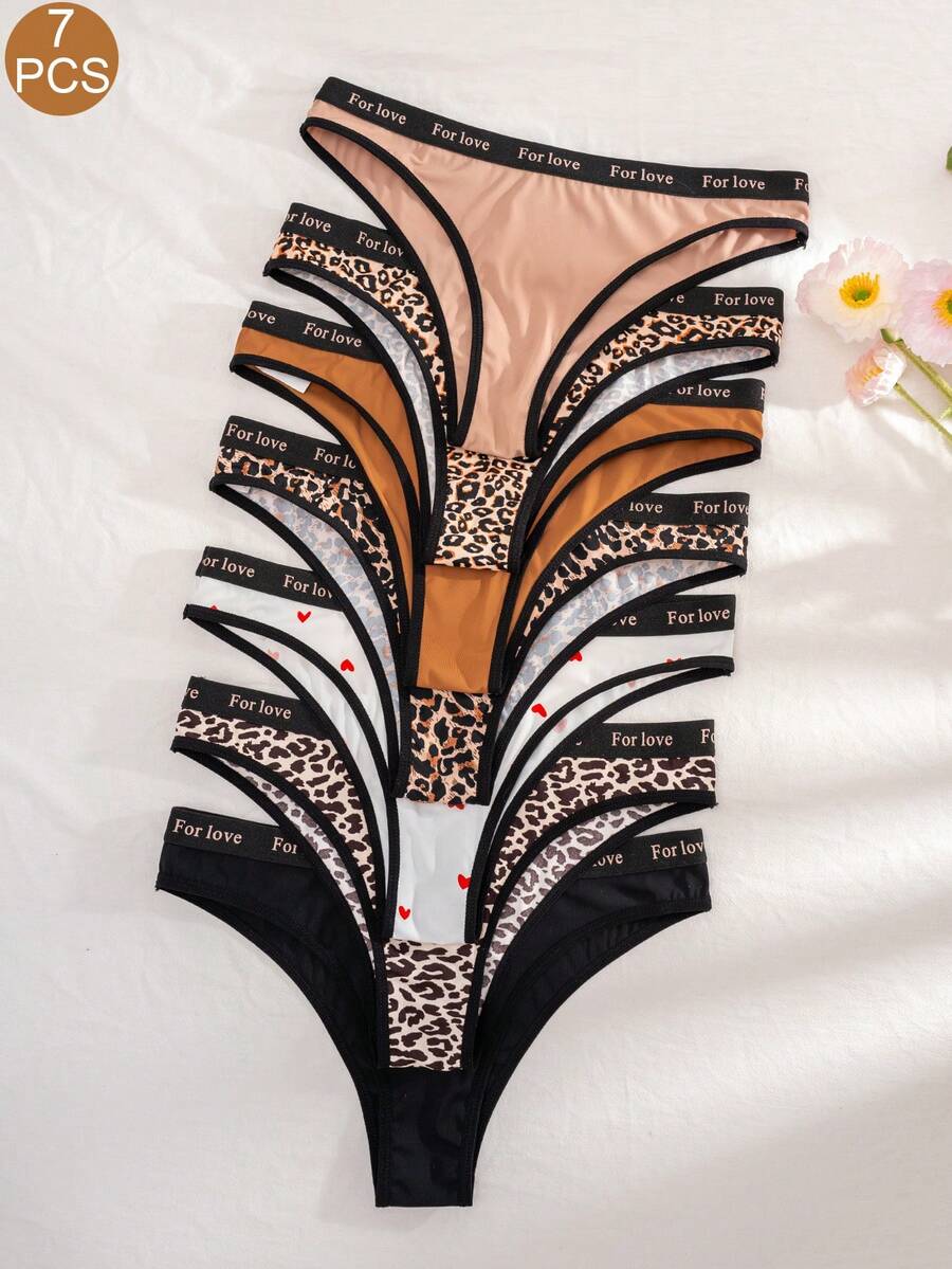 7pcs/Pack Women's Solid Color, Leopard & Heart Print Elastic Waistband Comfy Briefs - Multicolor - View 1