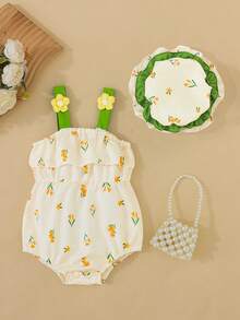 Infant Girl 3D Floral Decor Camisole Bodysuit & Hat Set, Elegant Design Suitable For Spring & Summer Vacation - Multicolor - View 2