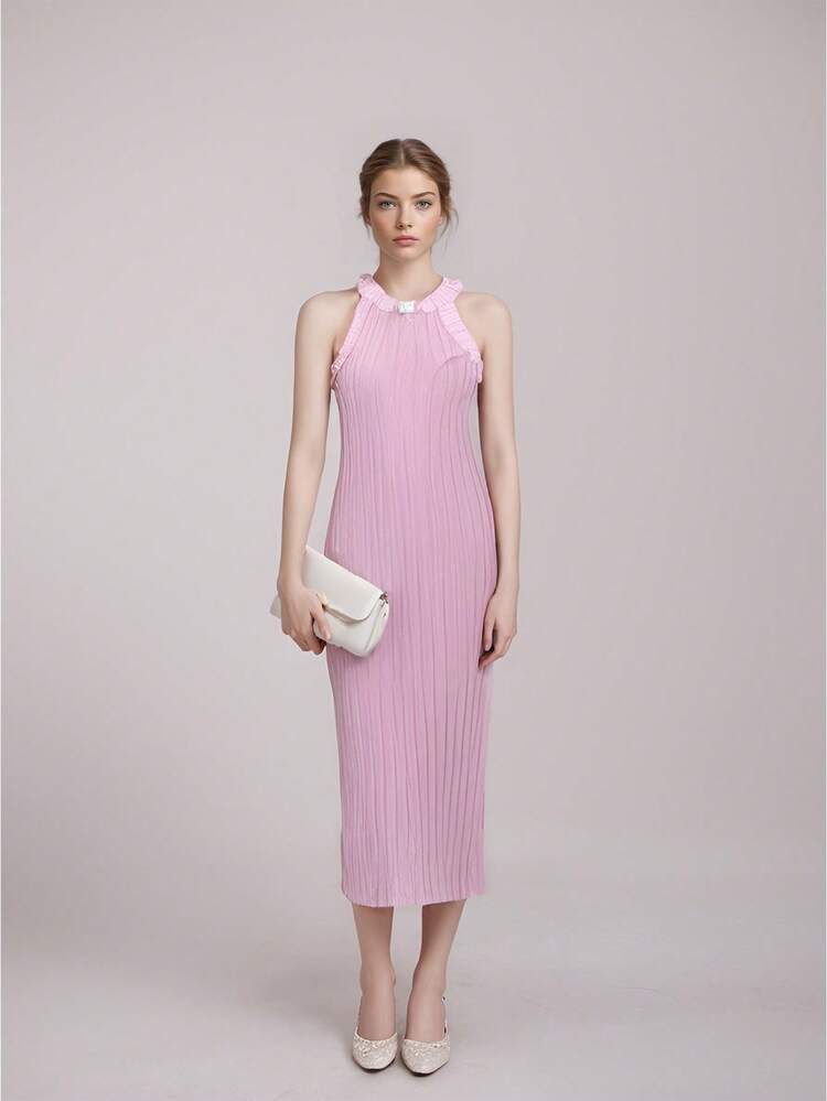 Vestido largo con hombro y recortados, sensual y elegante,Vestido ajustado sin mangas con abertura y teñido anudado para mujer en verano,Vestido de punto acanalado entallado - Rosa Pálido - Añade 2