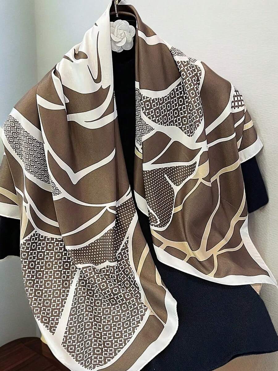 1pc Women Fashionable Elegant Floral Print 70cm Scarf, Suitable For Daily Wear, Travel, Headscarf, Casual Polyester Square Scarf, All Seasons - Coffee Brown - View 1