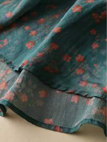 女士碎花立领亚麻衬衫短袖小翻领休闲上衣 - 綠色 - 查看 8