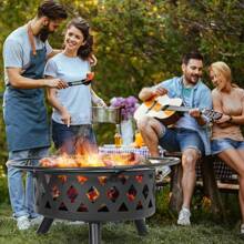 Feuerschale, Ø 76cm Feuerkorb mit Funkenschutz und Schürhaken, Feuerschalen für den Garten Groß, Feuerstelle mit Grill, BBQ Feuerstelle Outdoor, Retro-Look Fire Pit, Multifunktional Feuerkorb