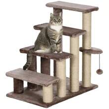 PawHut 4 Levels Cat Steps, Pet Stairs Carpeted Ladder, Kitten Tree Climber With Scratching Posts, Hanging Play Ball, Side Step, Brown