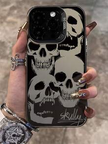 Minimalist Skull Fashion Phone Cases 1pc Minimalist Skull Colorful Silver IMD 2-In-1 Anti-Drop Painting Phone Case Compatible With IPhone 17 Pro Max, 16/15 Pro Max/14/13/11, Compatible With 13C/12C, Honor 90/Honor 90 Lite, Galaxy A52/A52s/A55 Birthday Gift Party,International Version, Not The Domestic Version - Black - View 2