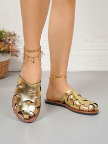 Sandalias de verano para mujer de talla grande, diseño minimalista de moda, cómodas, de punta cerrada, de malla, huecas, transpirables, antideslizantes, ligeras, para la playa y uso al aire libre, en negro y marrón - Dorado - Ver 5