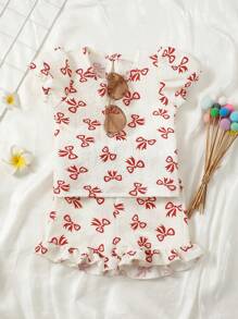 Newborn Baby Girls Butterfly Print Beige&Purple Short Sleeve Top + Ruffle Hem Shorts Set, Elegant And Cute Series, Essential Summer Outfit For Infants