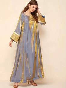 Gaun Wanita Ukuran Besar Elegan Lengan Panjang Longgar Gaya Arab, Sopan - Grey - View 6