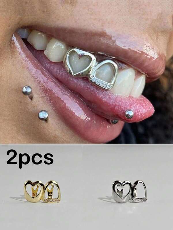 2 Pcs 14k Gold Hollow Heart Studded Tooth Gem Cutout Clip-On Tooth Jewelry, Hip Hop Zirconia Micro Pave Hollow Heart Blended Tooth Grillz
