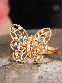 1pc 925 Sterling Silver Plated Gold Butterfly Zirconia Ring, Elegant Jewelry Ring, Charming Promise Ring For Women, Delicate Jewelry Gift, Suitable For Girls' Daily Wear