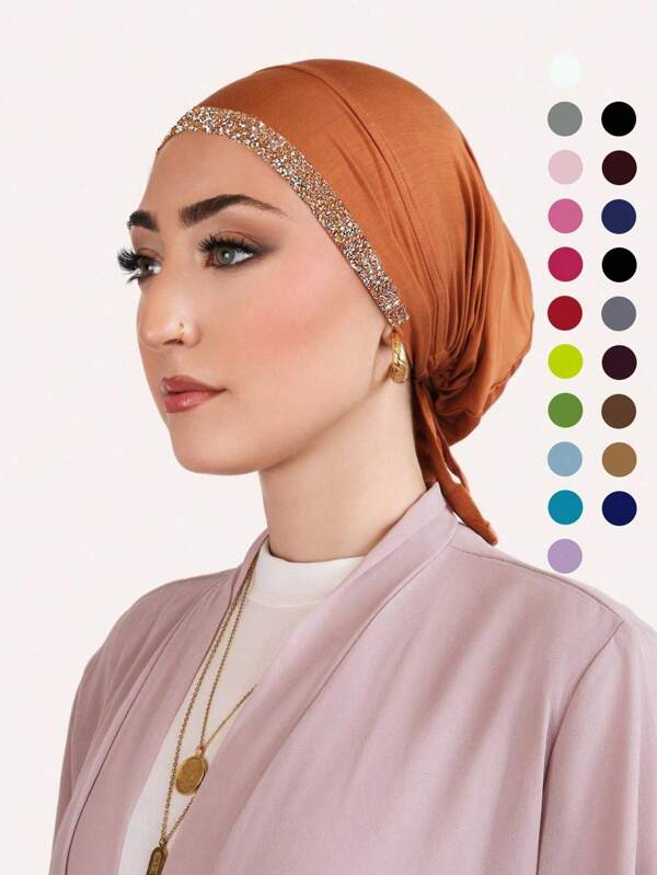 1 pieza Hiyab femenino de unicolor con strass, diadema cruzada debajo de la gorra musulmana, capa interna de muselina para mujer, gorra instantánea