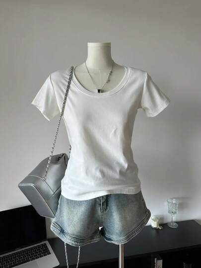 アメリカンスタイル ショートスリーブ クルーネック フィッテッド Tシャツ レディース、春夏、新作ホワイトカジュアルトップス