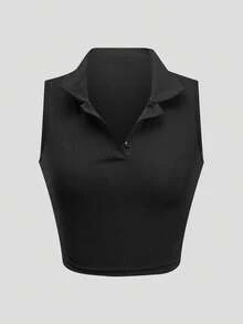 Camiseta sin mangas corta con cuello en V en color liso - Negro - Ver 1