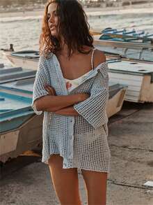 性感沙滩度假针织比基尼罩衫，镂空开衩沙滩裙，适合水疗和海滩 - 藍色 - 查看 1