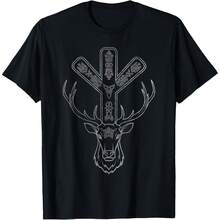 Algiz Rune And Deer T-Shirt - Men's Black Cotton 65% Polyester 35% Modern Letter Print Short Sleeve Crew Neck Small - 黑色 - 查看 1