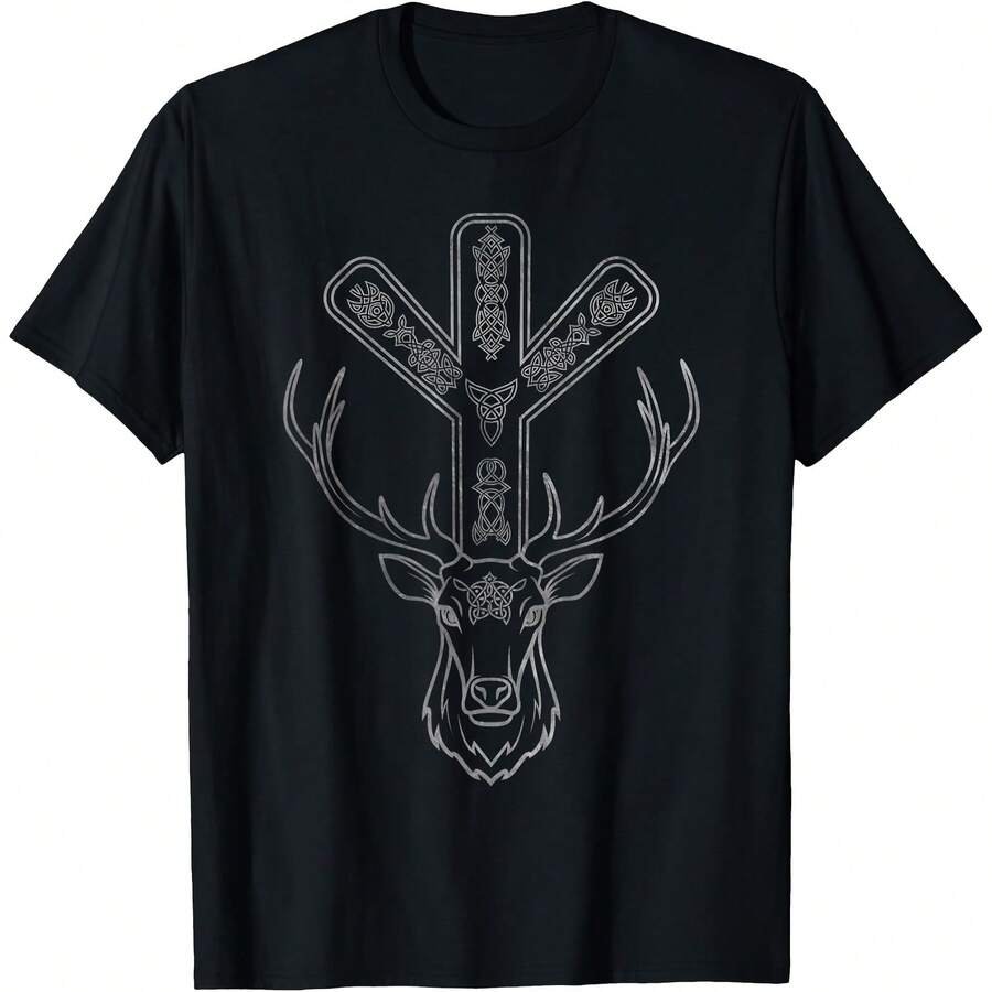 Algiz Rune And Deer T-Shirt - Men's Black Cotton 65% Polyester 35% Modern Letter Print Short Sleeve Crew Neck Small - 黑色 - 查看 1