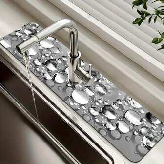 1pc Gray Water Bead Pattern Faucet Mat, Polyester Moisture-Non-Slip Proof Drain Pad For Kitchen & Bathroom Sinks, Faucet Suction Mat, Drying Pad Suitable For Bathroom Countertops, Kitchen And Bathroom Counter Accessories