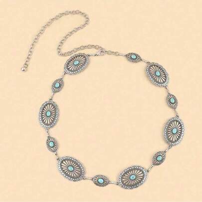 银雕绿松石腰链，优雅几何花朵浮雕腰链装饰，女士新款夏秋风格，适合秋季、万圣节等场合。