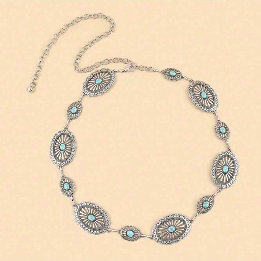 银雕绿松石腰链，优雅几何花朵浮雕腰链装饰，女士新款夏秋风格，适合秋季、万圣节等场合。