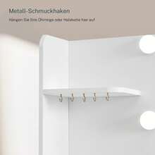 Schminktisch mit Spiegel und Beleuchtung, Schminktisch mit 4 Schubladen, 4 offenen Regalen, 5 Schmuckhaken für Schlafzimmer, Weiß