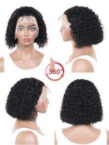 短卷发波波头假发，真人发质，T 型分卷发波波头假发，真人发质，180% 密度，深卷发，原生真人发质，预拔，湿发波浪，无胶透明侧分蕾丝前片，女士自然发际线