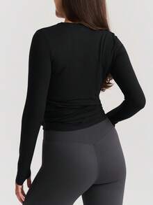 Women Yoga Workout Crop Tops Y2k Solid Color Wrap Tie-Up Front V-Neck Long Sleeve Slim Fit T-Shirts Bottoming Shirt Seamless Fitness Tops Going Out Blouse Ballet Athletic Tops Casual Streetwear