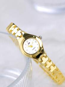 jw 1 Pieza Reloj de mujer Premium de color rosa, dulce y delicado, con caja de aleación redonda, esfera de moda con escala de cristales, reloj de cuarzo elegante, fácil de llevar, adecuado para decoración diaria, regalo de vuelta al colegio para estudiantes