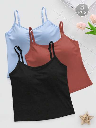 3 Pcs Women Solid Color Ribbed Camisole With Padded Bust, Casual Sexy Cropped Tank Top, Workout