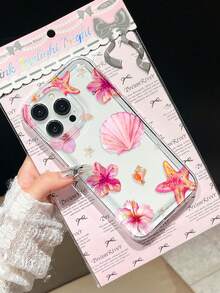 TPU Material Airbag Design Phone Case With Pink Tropical Flower, Starfish, Shell Patterns Compatible With IPhone 14/13 Pro Max/12 Pro/11/XR/XS/7/8 Plus, S10/S22/A12/A50/A52/S24/A135G Waterproof Shockproof Anti-Fall Scratch Resistant - Multicolor - View 3