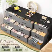 EnHomee Dresser TV Stand With 9 Drawers For 60'' TV Stand For Bedroom Long Dresser For Bedroom Wide Dressers & Chests Of Drawers, Sturdy Metal Frame & Wood Top, Living Room, Closet, Grey - 灰色 - 查看 3