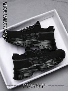 Men's Comfortable Shock-Absorbing Athletic Sneakers, Personalized Knitted Striped Casual Versatile Shoes, Outdoor Fashion Minimalist Lightweight Slip-On Couple Shoes - Black - View 4