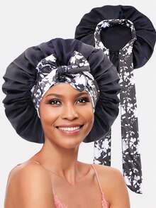 1pc Women Elastic Printed Ribbon Satin Hair Bonnet, 36cm Diameter, Head Wrap Cap Suitable For Daily Use - Multicolor - View 12