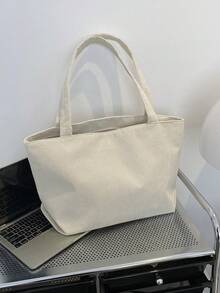 Korean Style Solid Color Shoulder Handbag, 2025 New Simple Tote Bag Large Capacity For College Student Shopping - Beige - View 3