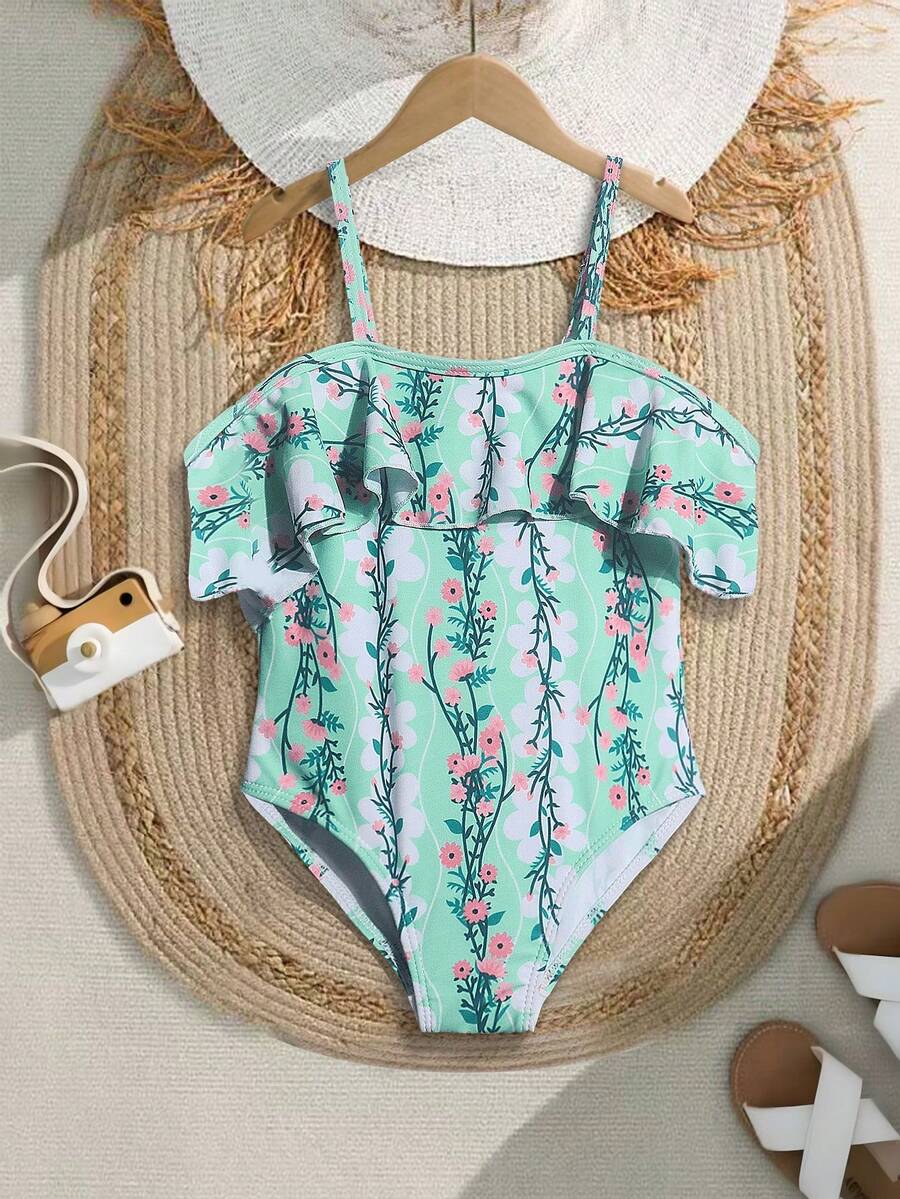 New Girls One-Piece Swimsuit With Ruffle Trim Off Shoulder, 4-7Y One-Piece Swimwear For Beach Party - Green - View 1