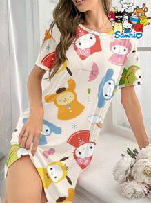 Sanrio Vestido de dormir informal con estampado de la familia Sanrio, cuello redondo, manga corta para mujer en verano