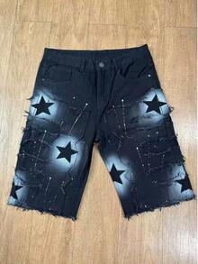 Men's Fashionable Solid Color Fringe Slim Fit Denim Shorts - Black - View 3