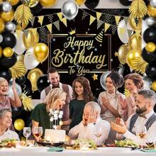 142 Peças Kit de Guirlanda de Balões de Látex Preto e Dourado para Decoração de Bottom para Festa Interna, Temporada de Formatura, Noivado, Casamento, Aniversário, Aniversário, Decoração de Suprimentos