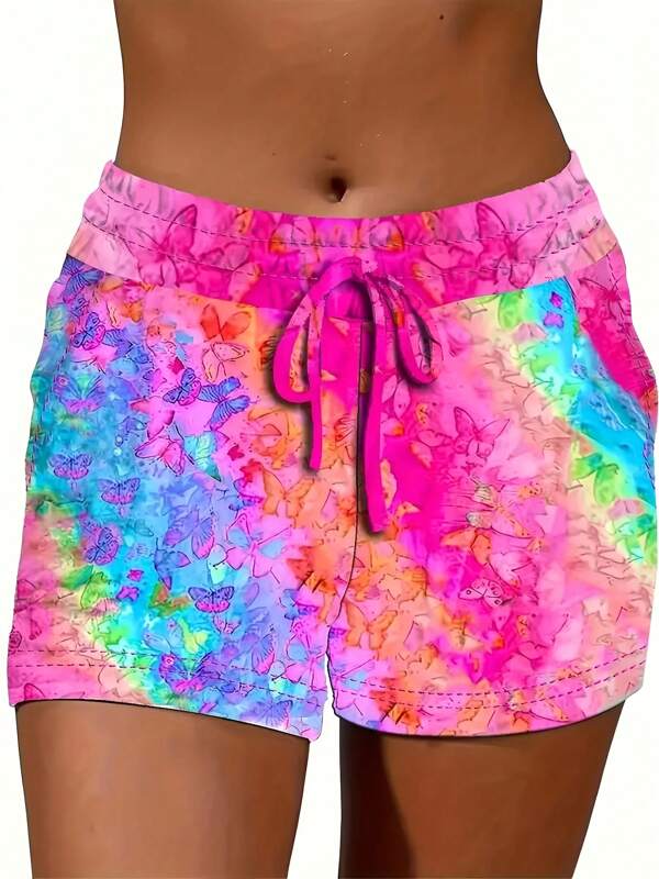 Pantalones cortos con efecto tie-dye de colores vibrantes para mujer tallas grandes - Cintura elástica con cordón, mezcla de poliéster ligera, apropiados para el verano