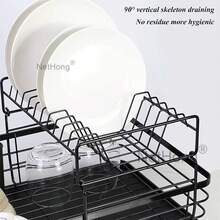 NetHong Dish Drainer 2 Tier Kitchen Sink Metal Wire Cutlery Draining Holder Plate Rack - Black H - View 5