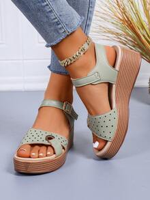 2025 New Arrival Women's Summer Thick Sole Wedge Heel Casual Open Toe Lightweight Sandals, Wood Grain Sole, Ankle Strap With Buckle, Elastic Band, Hollow-Out Design, Suitable For Spring/Summer Vacation, Fashion Beach Shoes