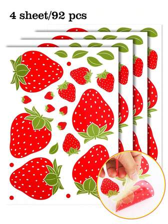 4 hojas/92 piezas Pegatinas de pared transparentes de fresa, calcomanías de pared de frutas lindas removibles adecuadas para dormitorio de niñas, dormitorio, comedor, gabinete, cocina, baño, computadora, scrapbooking, decoración impermeable