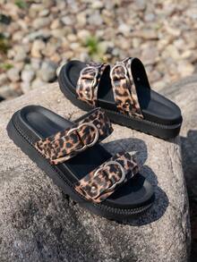 女士休闲厚底豹纹金色扣舒适室内/户外沙滩平底凉鞋 - 豹紋 - 查看 5