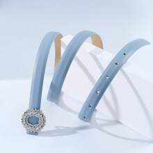 Elegant Luxury Fashionable Sky Blue PU Leather Slim Waist Belt With Shiny Rhinestone Circular Buckle, Suitable For Elegant, Cute, Casual, Sexy, Business, Party, Spring/Summer Outfits Summer, School Fall, Autumn, Halloween