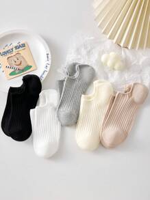 5 Pairs Women's Solid Color Rib Ankle Liner Short Invisible Socks, Thin Breathable Non-Slip Hidden Boat Socks For All Seasons