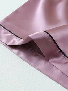 [Elegant Fields]3pcs Set Satin Pajamas For Women, Including Solid Color Shirt With Lapel Collar, Short Sleeve Button Down, And Short/Long Pants, Suitable For Home Wear, Spring & Summer - Lilac Purple - View 7