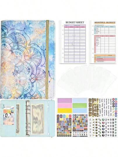 1 Set Mandala Binder Cover A6 Ring Binder Loose Leaf Cash Budget Planner Notebook With 8 Zipper Pockets, 12 Budget Cards, 12 Monthly Budget Cards, 6 Stickers,Savings Plan,Biweekly Savings Plan,10000 Savings Plan,Savings Strategy